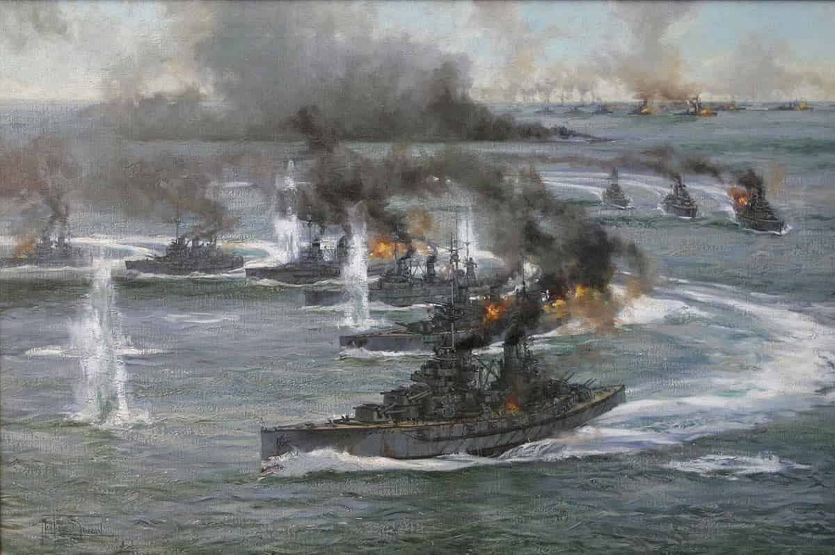 German Battleships turn away on coming under fire from the British Grand Fleet at the Battle of Jutland 31st May 1916