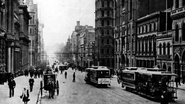 Cable trams running up Collins Street in 1910. The first cable tram started operating in 1885. Picture: HWT Library.